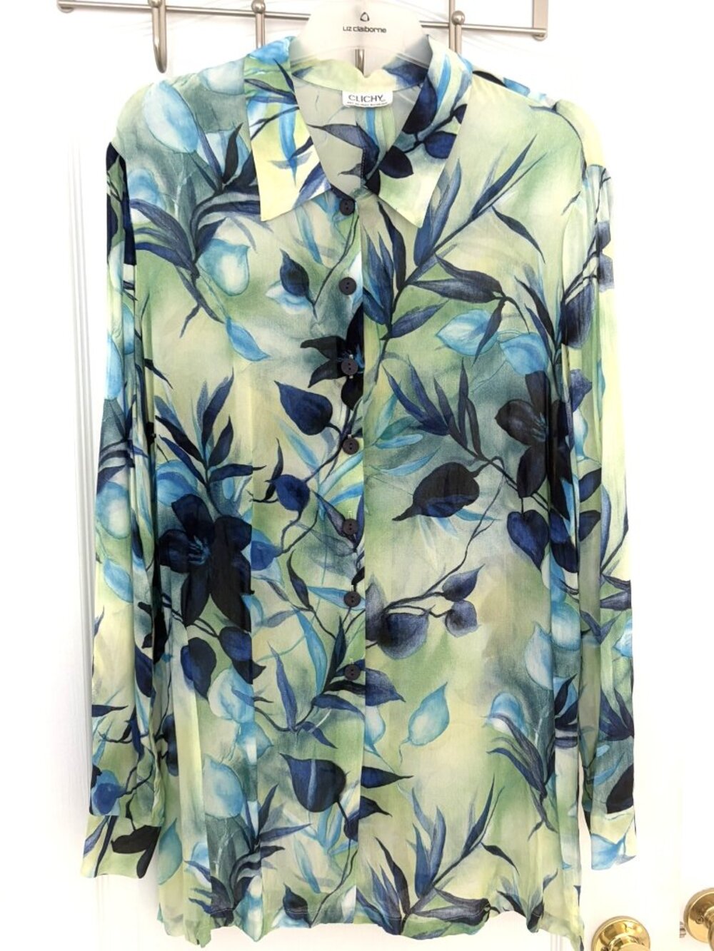 Clichy Long Sleeve Green & Blue Botanical Leaf Print Blouse Size 18